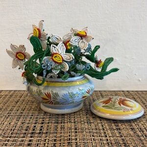Signed Henriot Quimper Pot w Beaded Narcissus Flowers in – Vintage Handmade